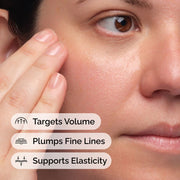 Close-up of a person gently touching their hydrated cheek, illustrating skin benefits. Text overlays: Targets Volume, Plumps Fine Lines, Supports Elasticity, all relevant to The Ordinary Volufiline 92% + Pal-Isoleucine 1% serum.